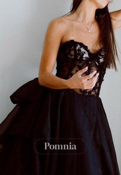 Black A-Line Sleeveless Strapless Corset Tulle Bowknot Wedding Dress