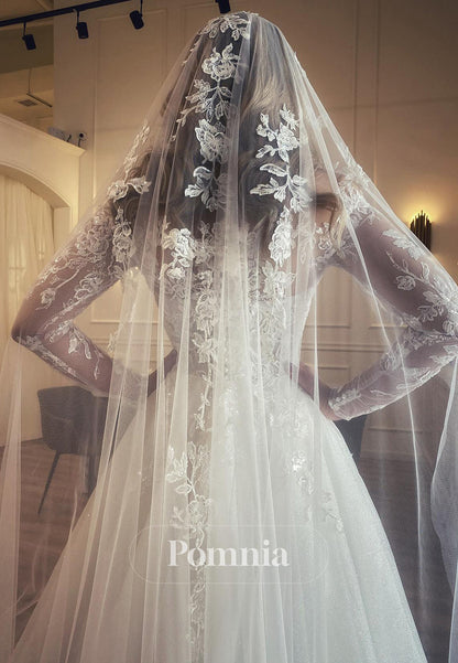 Elegant Long Sleeves Scoop Floral Appliques Lace Wedding Dress