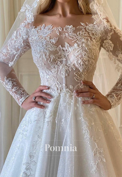 Elegant Long Sleeves Scoop Floral Appliques Lace Wedding Dress