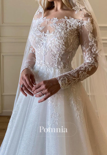 Elegant Long Sleeves Scoop Floral Appliques Lace Wedding Dress