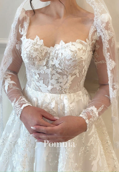 Elegant Long Sleeves Sweetheart Floral Appliques Wedding Dress
