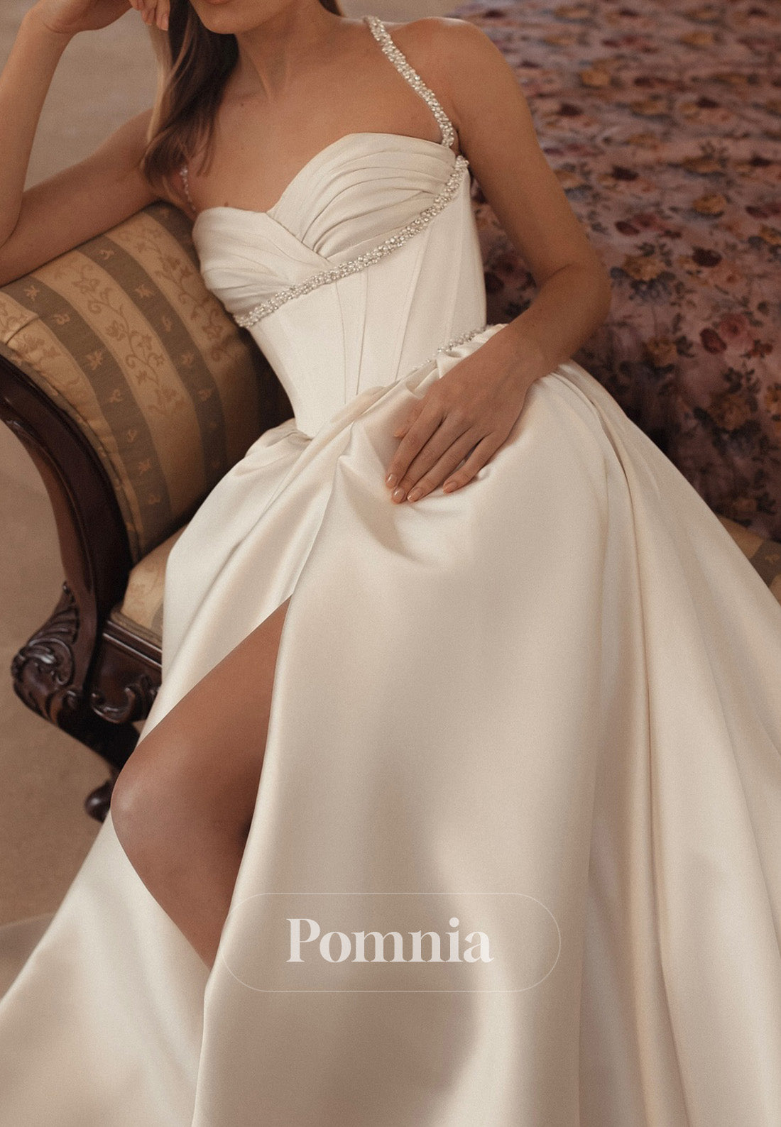 Spaghetti Straps Sweetheart Slit Pearls Slit Wedding Dress