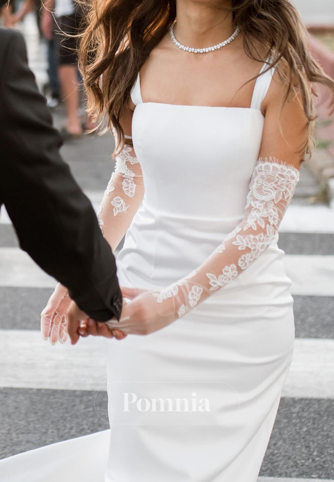 Simple Spaghetti Straps Square Sheath Slit Wedding Dress