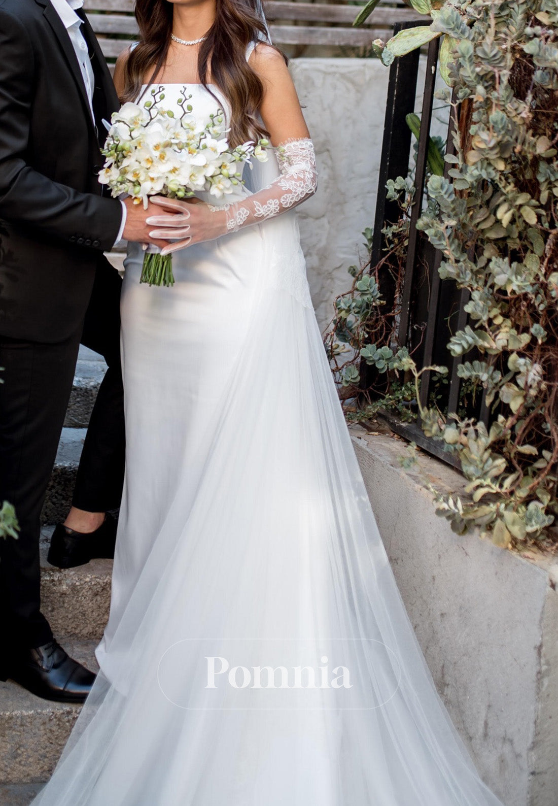 Simple Spaghetti Straps Square Sheath Slit Wedding Dress