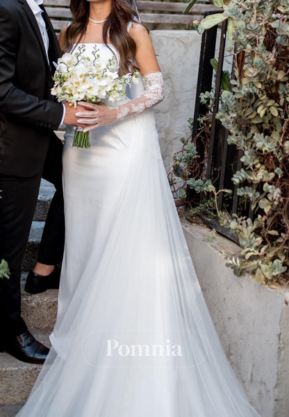 Simple Spaghetti Straps Square Sheath Slit Wedding Dress