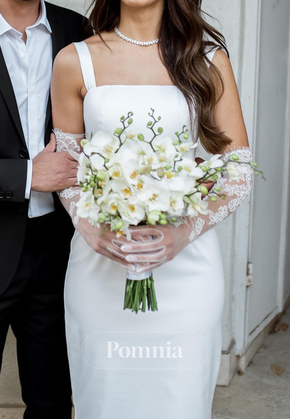 Simple Spaghetti Straps Square Sheath Slit Wedding Dress