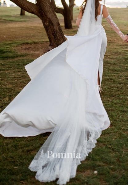 Simple Spaghetti Straps Square Sheath Slit Wedding Dress