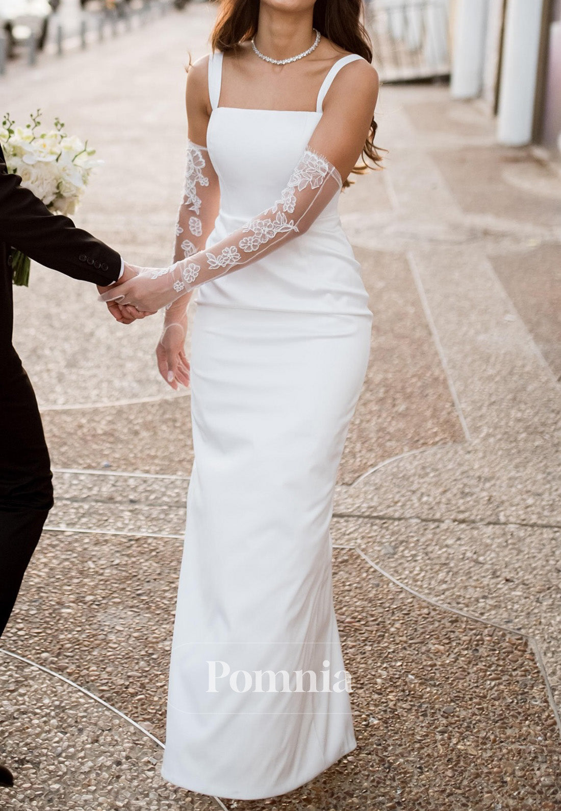 Simple Spaghetti Straps Square Sheath Slit Wedding Dress