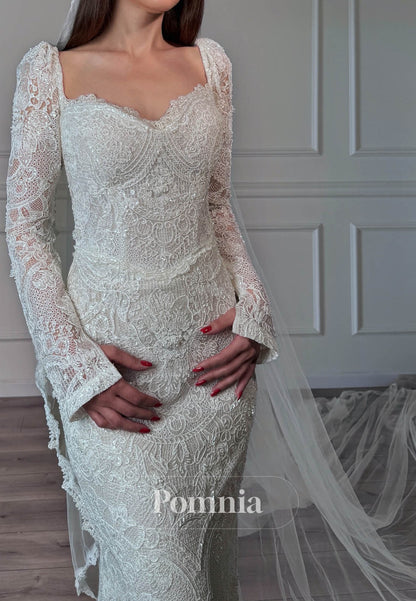 Simple ong Sleeves Sweetheart Sweep Train Lace Wedding Dress