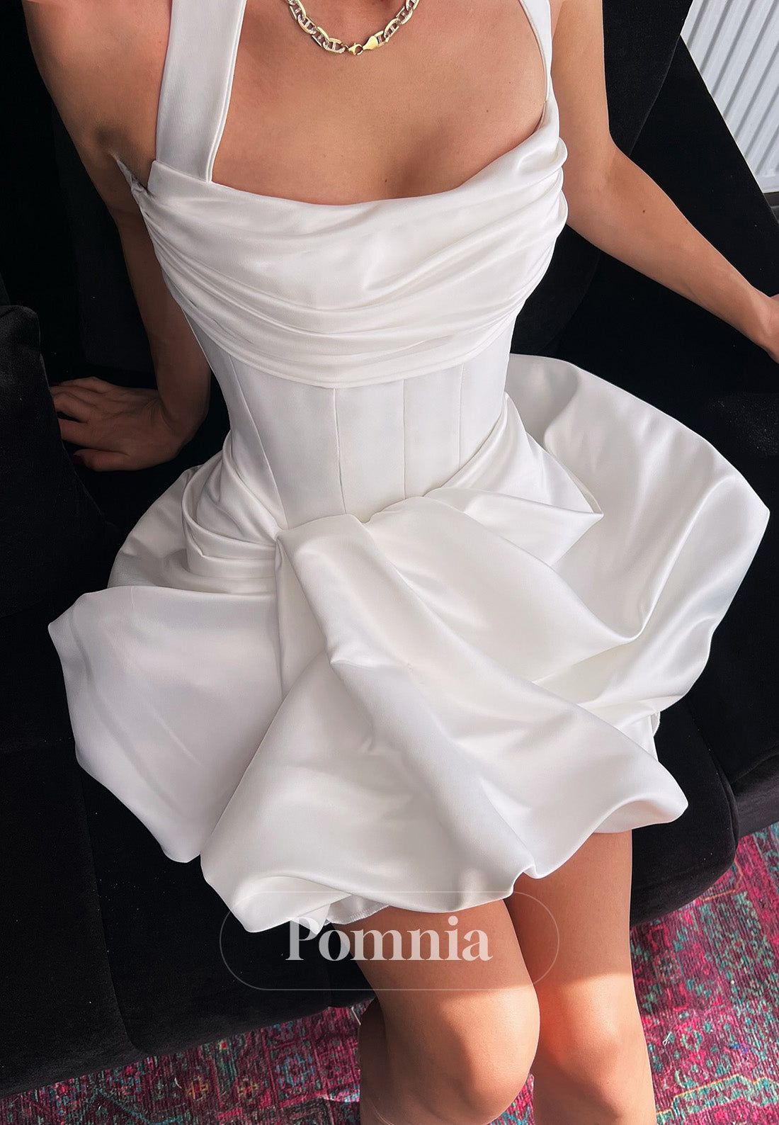Halter Sleeveless Short Ruffles Satin Wedding Dress