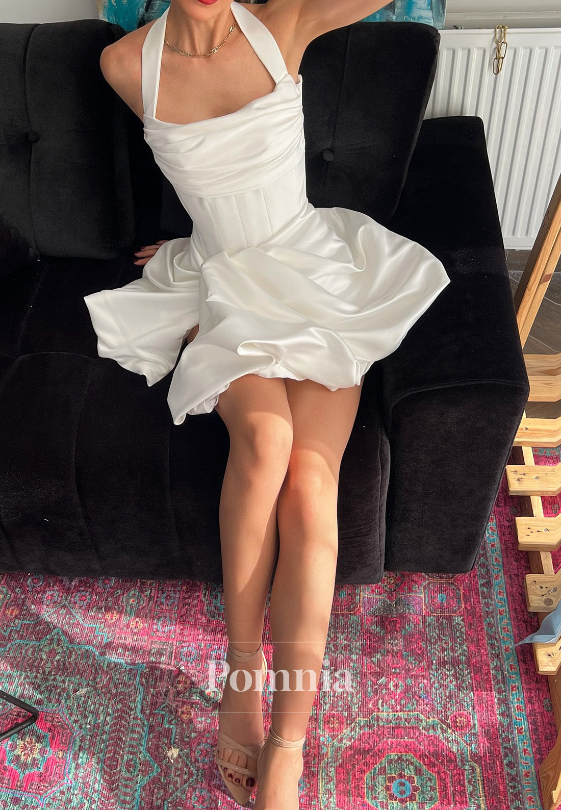 Halter Sleeveless Short Ruffles Satin Wedding Dress