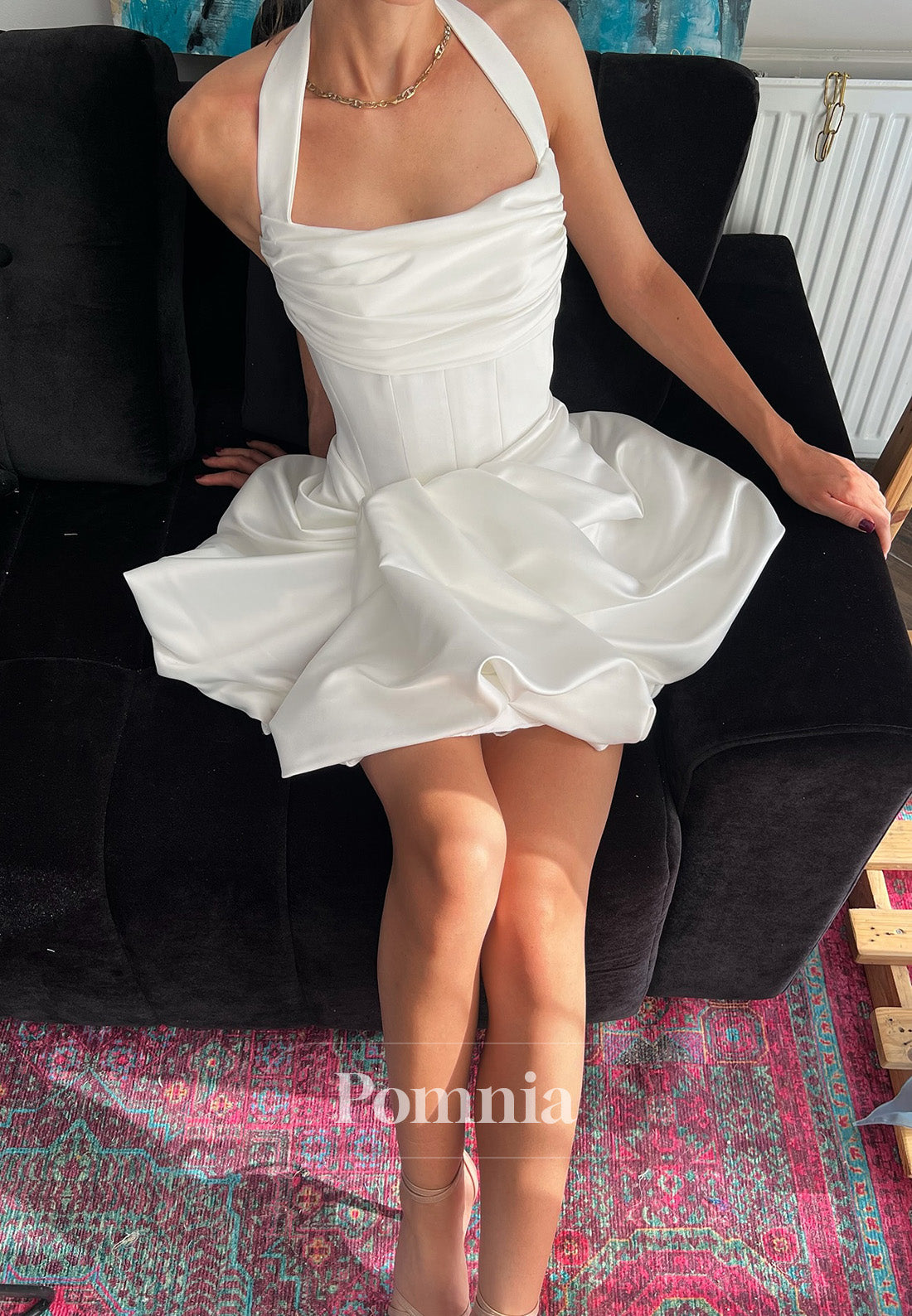 Halter Sleeveless Short Ruffles Satin Wedding Dress