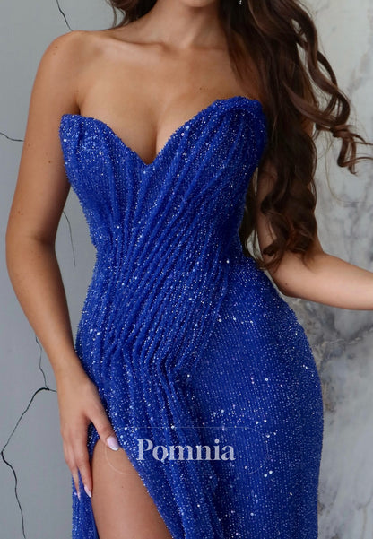 Royal Blue Strapless Sleeveless Slit Ruched Evening Dress