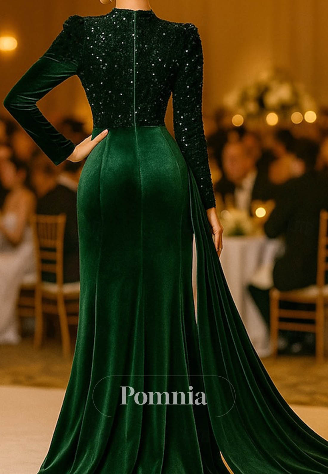 Velvet Scoop Long Sleeves Ruched Evening Dress