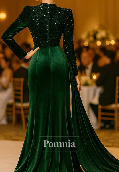 Velvet Scoop Long Sleeves Ruched Evening Dress