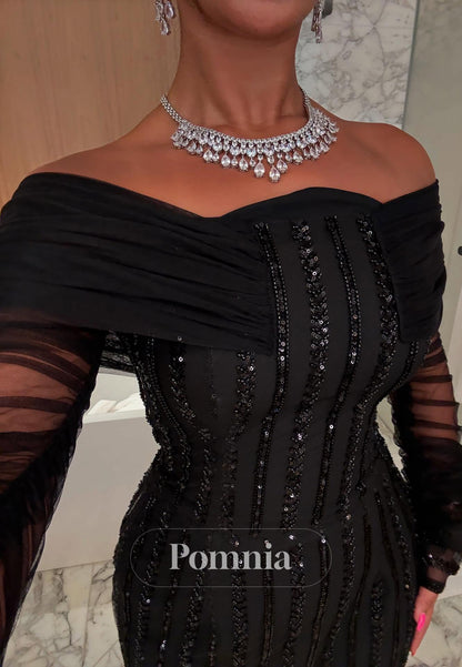 Black Long Sleeves Off-Shoulder Corset Sheath Prom Dress