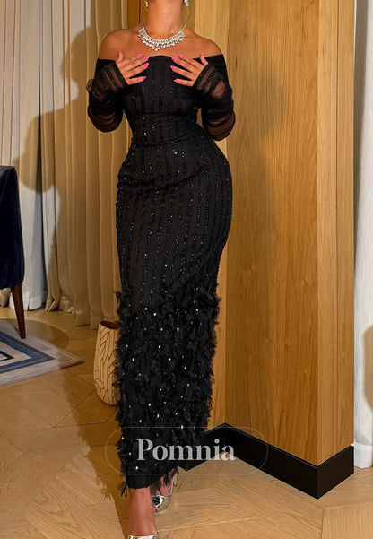 Black Long Sleeves Off-Shoulder Corset Sheath Prom Dress