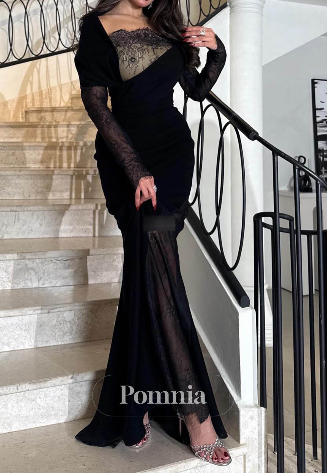 Black Long Sleeves Scoop Ruched Evening Dress