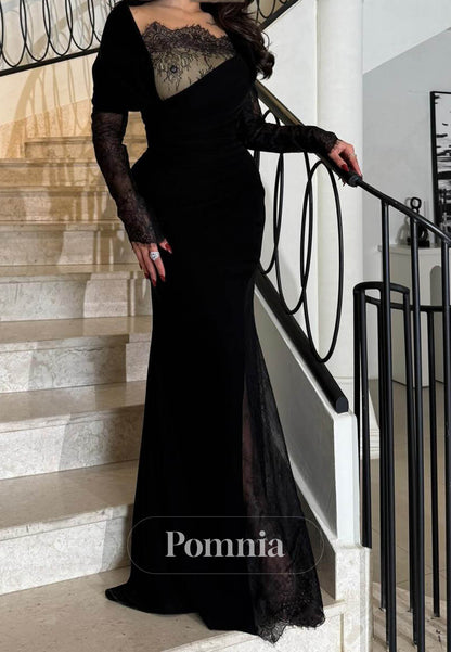 Black Long Sleeves Scoop Ruched Evening Dress