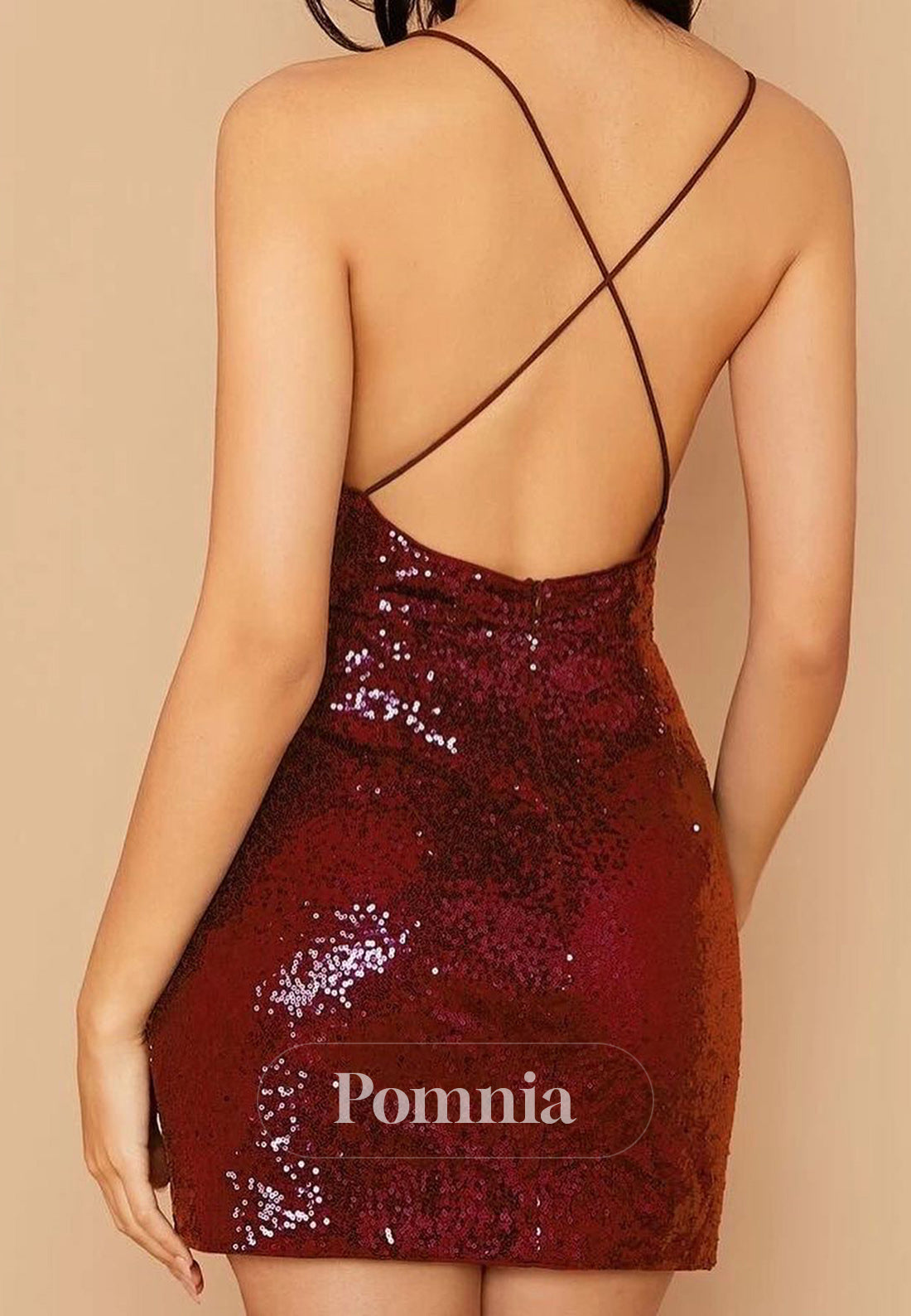 Burgundy Spaghetti Straps V-Neck Backless Homecoming Dress