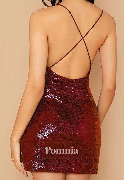 Burgundy Spaghetti Straps V-Neck Backless Homecoming Dress
