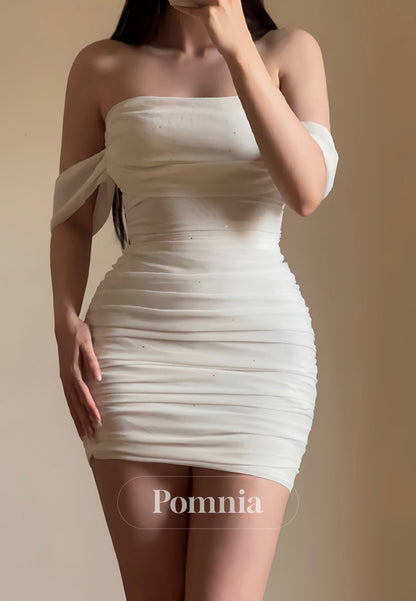 White Off-Shoulder Sleeveless Ruched Homecoming Dress