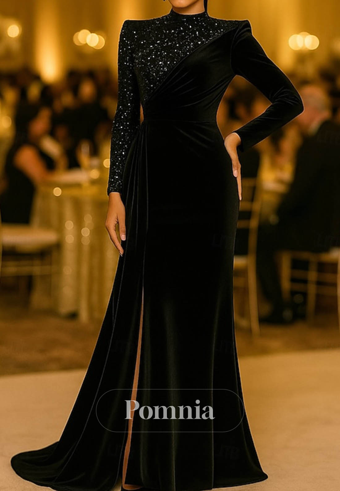 Velvet Scoop Long Sleeves Ruched Evening Dress