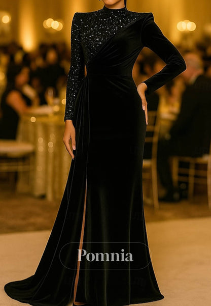 Velvet Scoop Long Sleeves Ruched Evening Dress