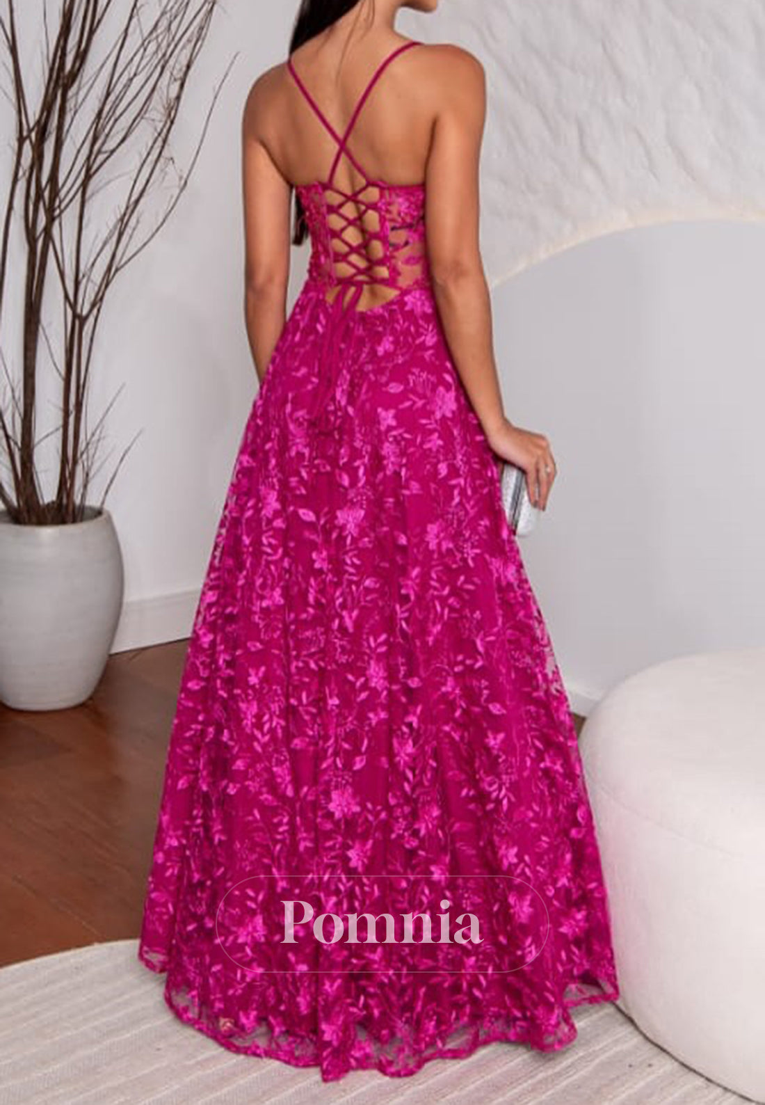Fuchsia Spaghetti Straps Corset Tulle Appliques Prom Dress