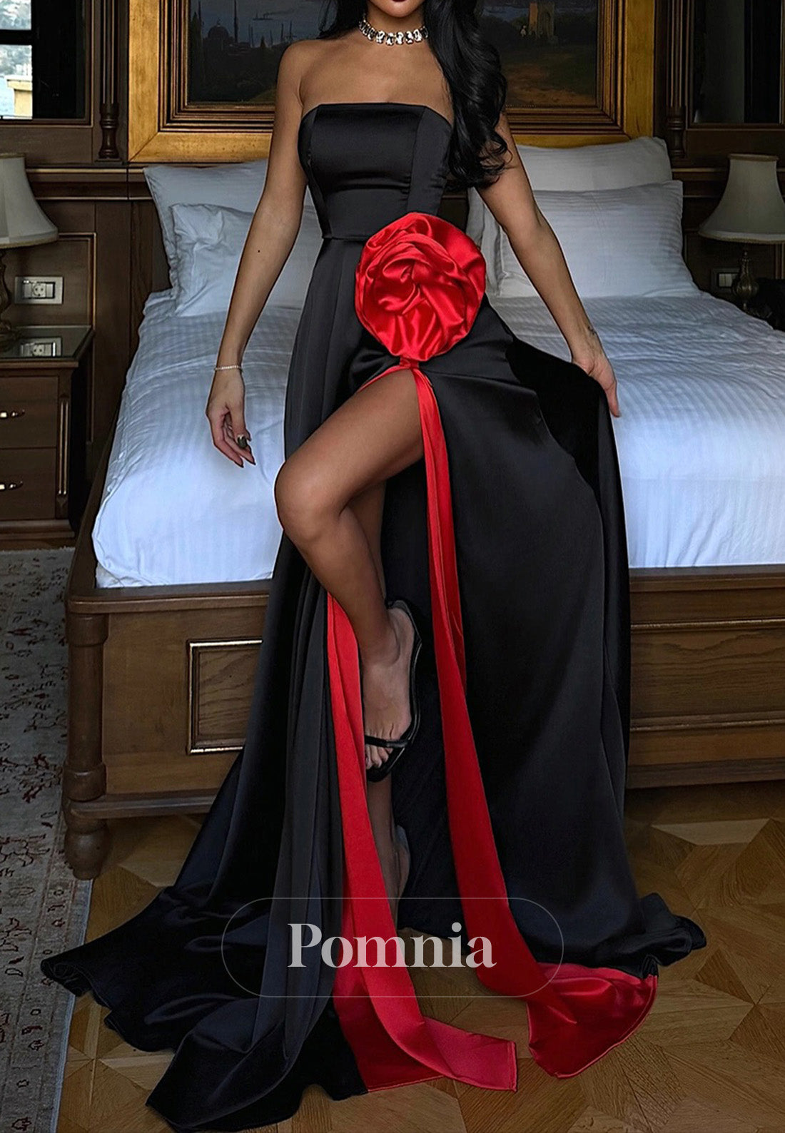 Simple Sleeveless Strapless Slit A-Line Appliques Prom Dress