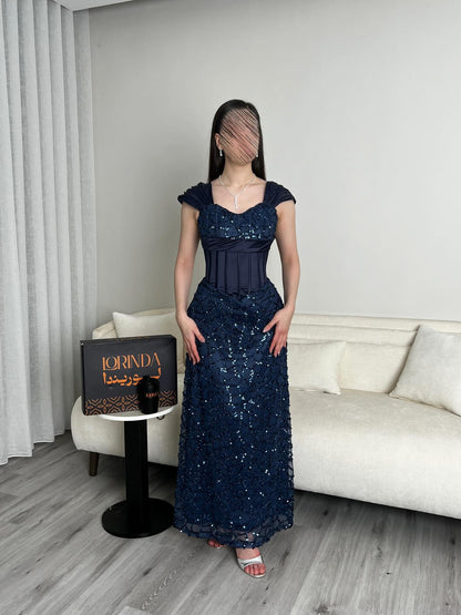 Sequins Sparkle Square Neck Sleevless Mermaid Ankle-Length Evening Dress