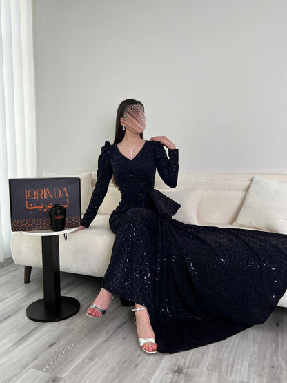 Elegant Sequins Sparkle V-Neck Long Sleeveless Mermaid Evening Dress