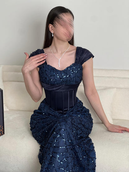 Sequins Sparkle Square Neck Sleevless Mermaid Ankle-Length Evening Dress