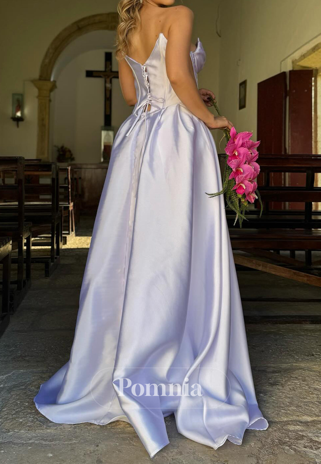 Simple A-Line Sleeveless Strapless Slit Corset Wedding Dress