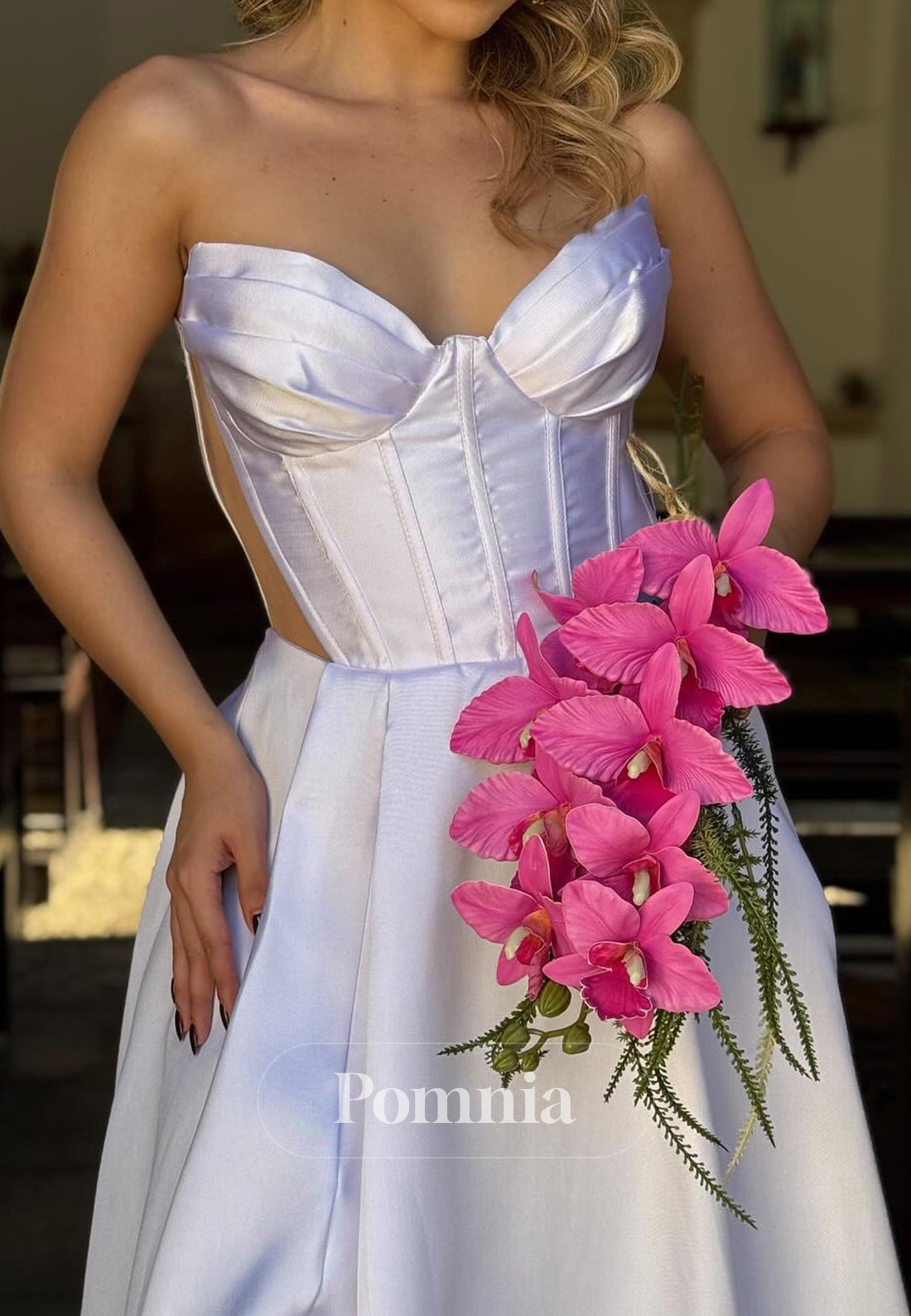 Simple A-Line Sleeveless Strapless Slit Corset Wedding Dress