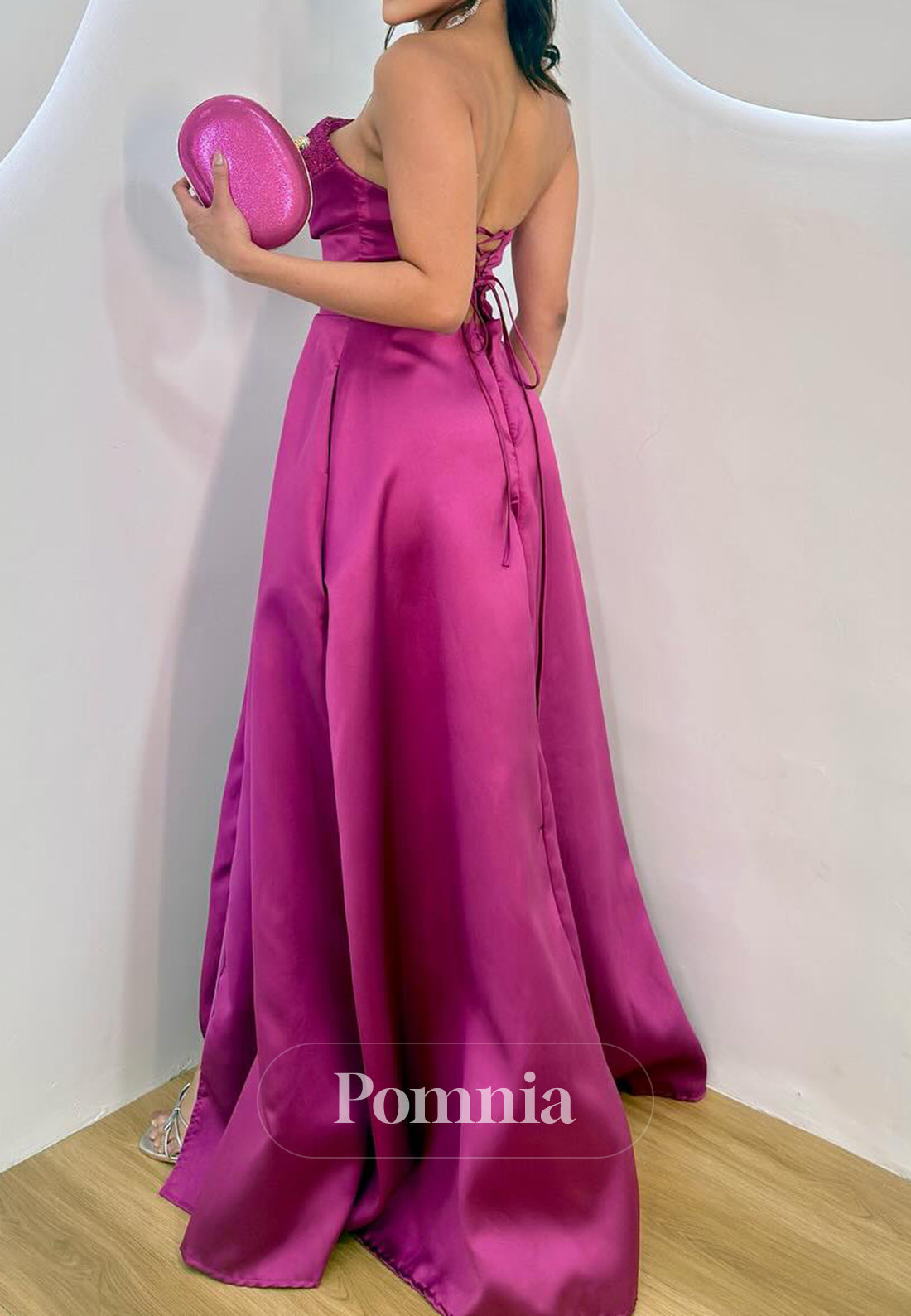 Fuchsia A-Line Sleeveless Strapless Slit Sequins Prom Dress