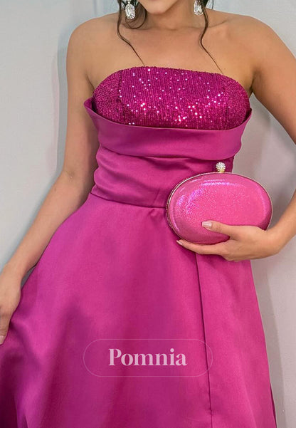 Fuchsia A-Line Sleeveless Strapless Slit Sequins Prom Dress