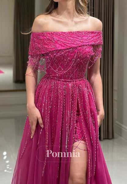 Fuchsia A-Line Off-Shoulder Sleeveless Sequins Detachable Train Prom Dress