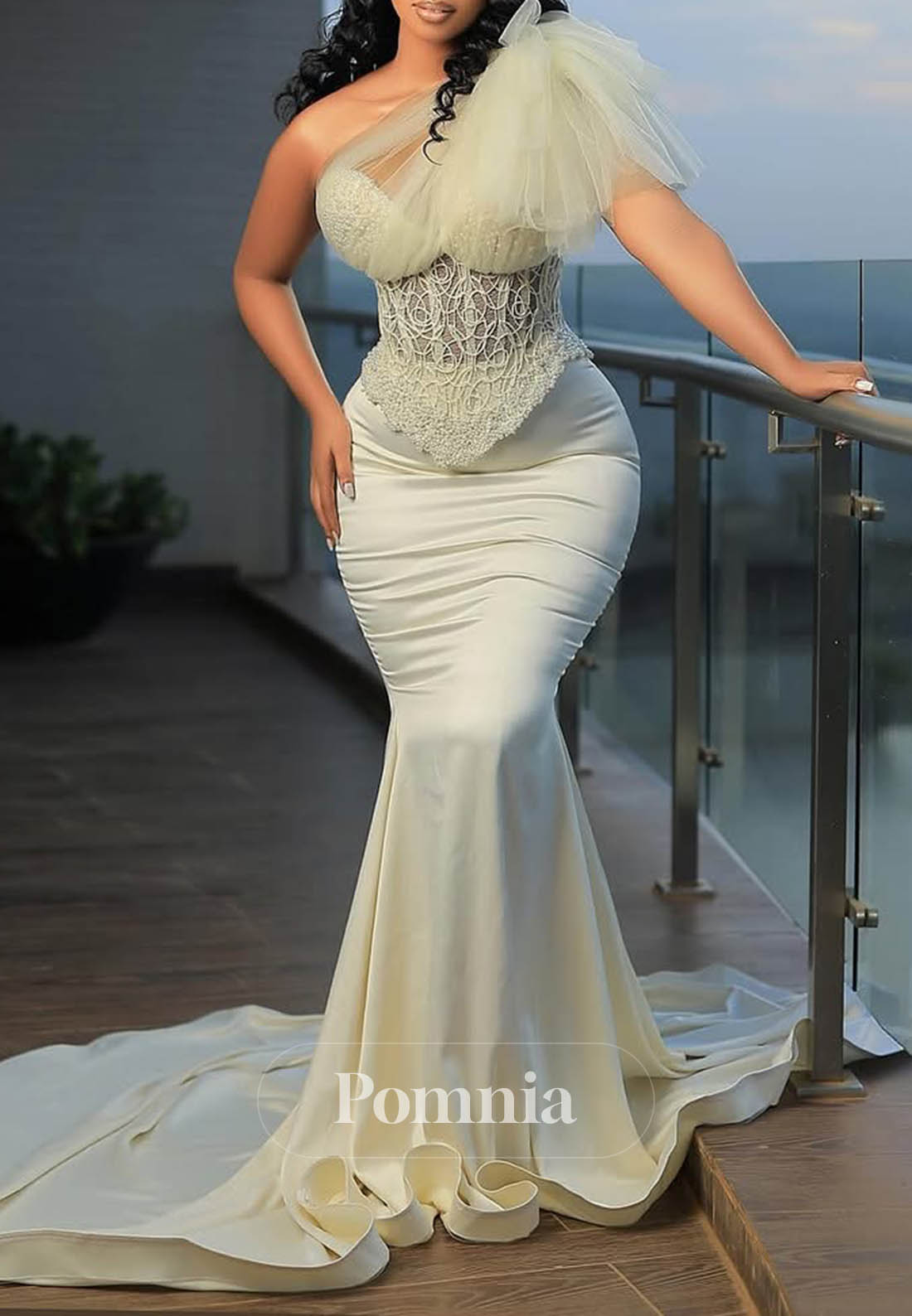 Dusty Sage One Shoulder Coset Tulle Mermaid Prom Dress