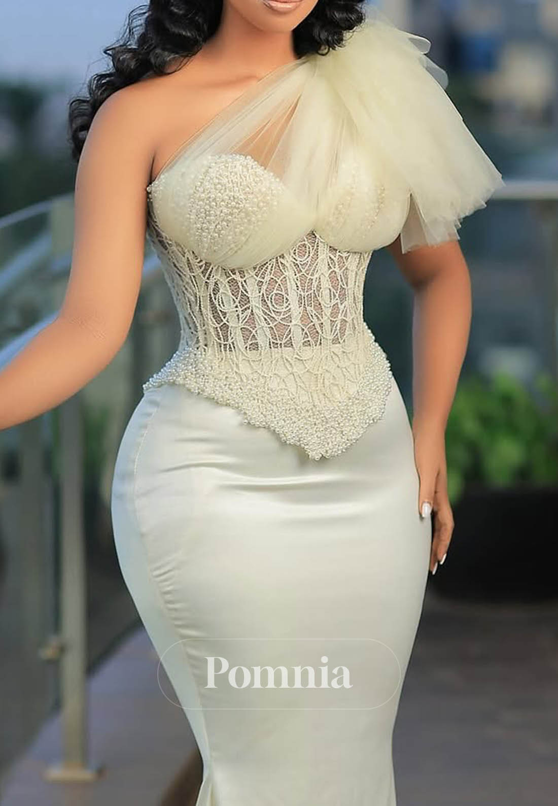 Dusty Sage One Shoulder Coset Tulle Mermaid Prom Dress