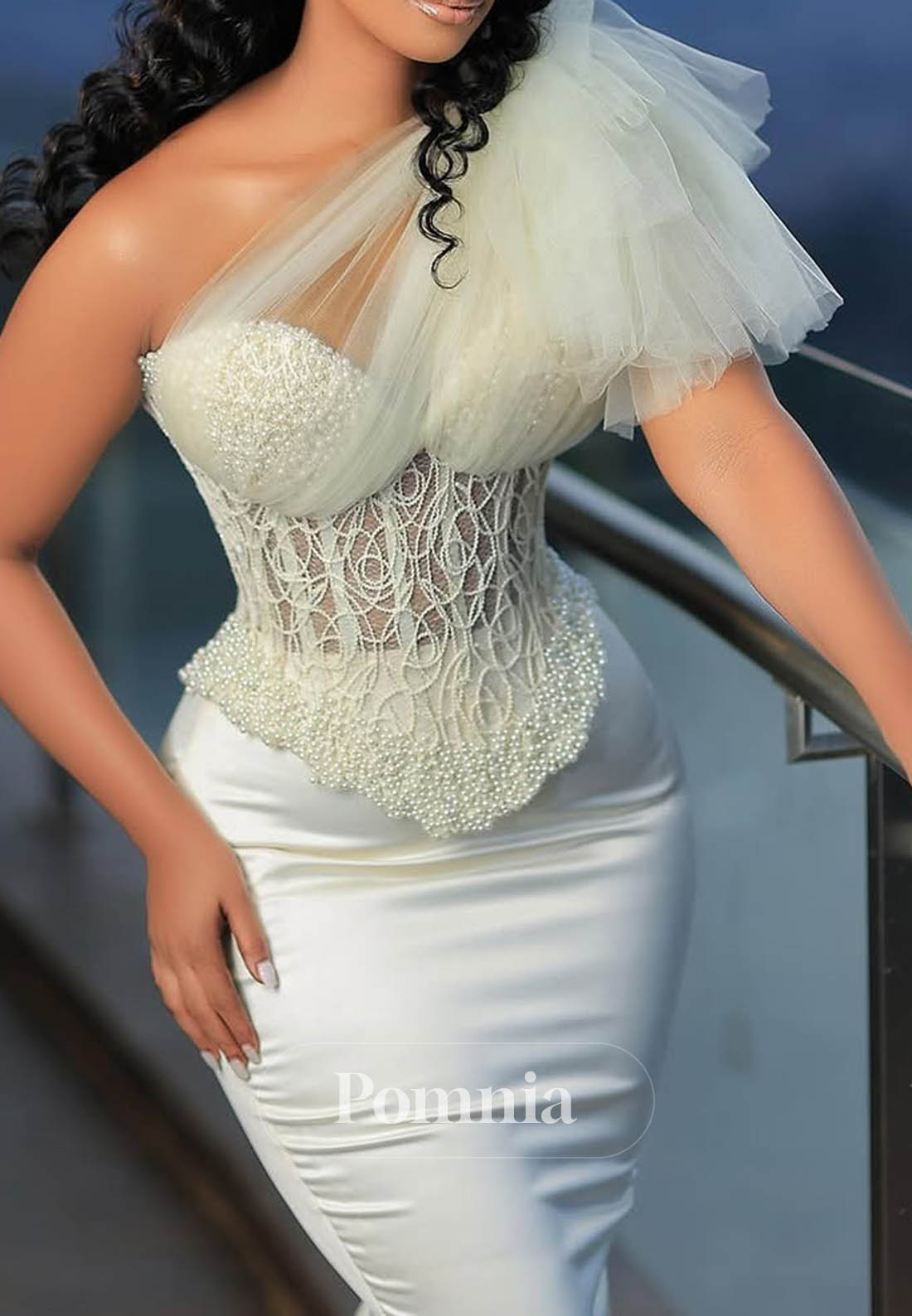 Dusty Sage One Shoulder Coset Tulle Mermaid Prom Dress