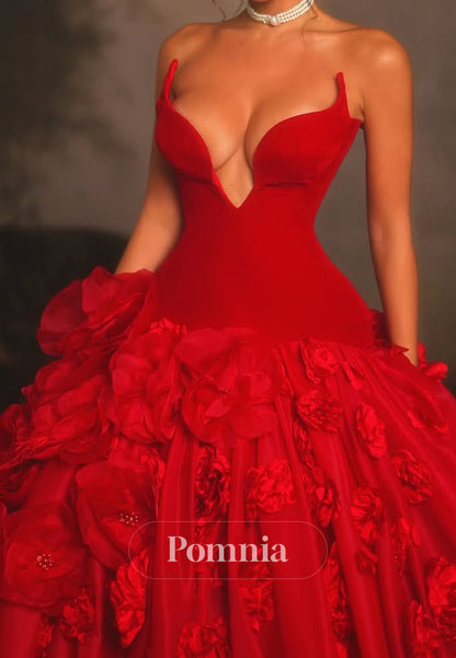 Red V-Neck Sleeveless Floral Appliques Evening Dress