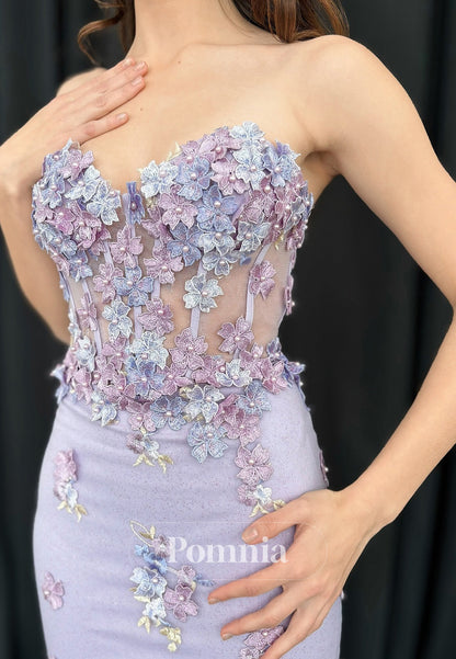 Lilac Sleeveless Strapless Corset Tulle Appliques Prom Dress