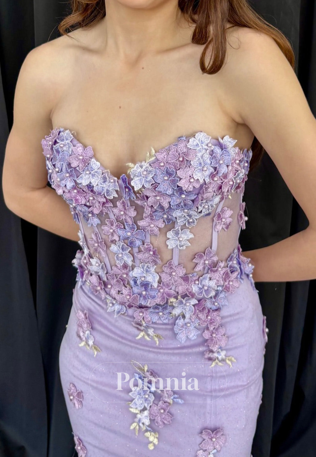 Lilac Sleeveless Strapless Corset Tulle Appliques Prom Dress