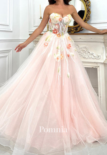 Rose Petal Sweetheart Sleeveless Floral Appliques Lace Prom Dress