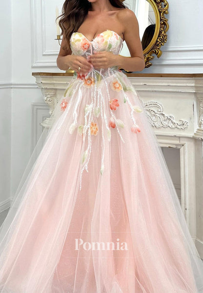 Rose Petal Sweetheart Sleeveless Floral Appliques Lace Prom Dress