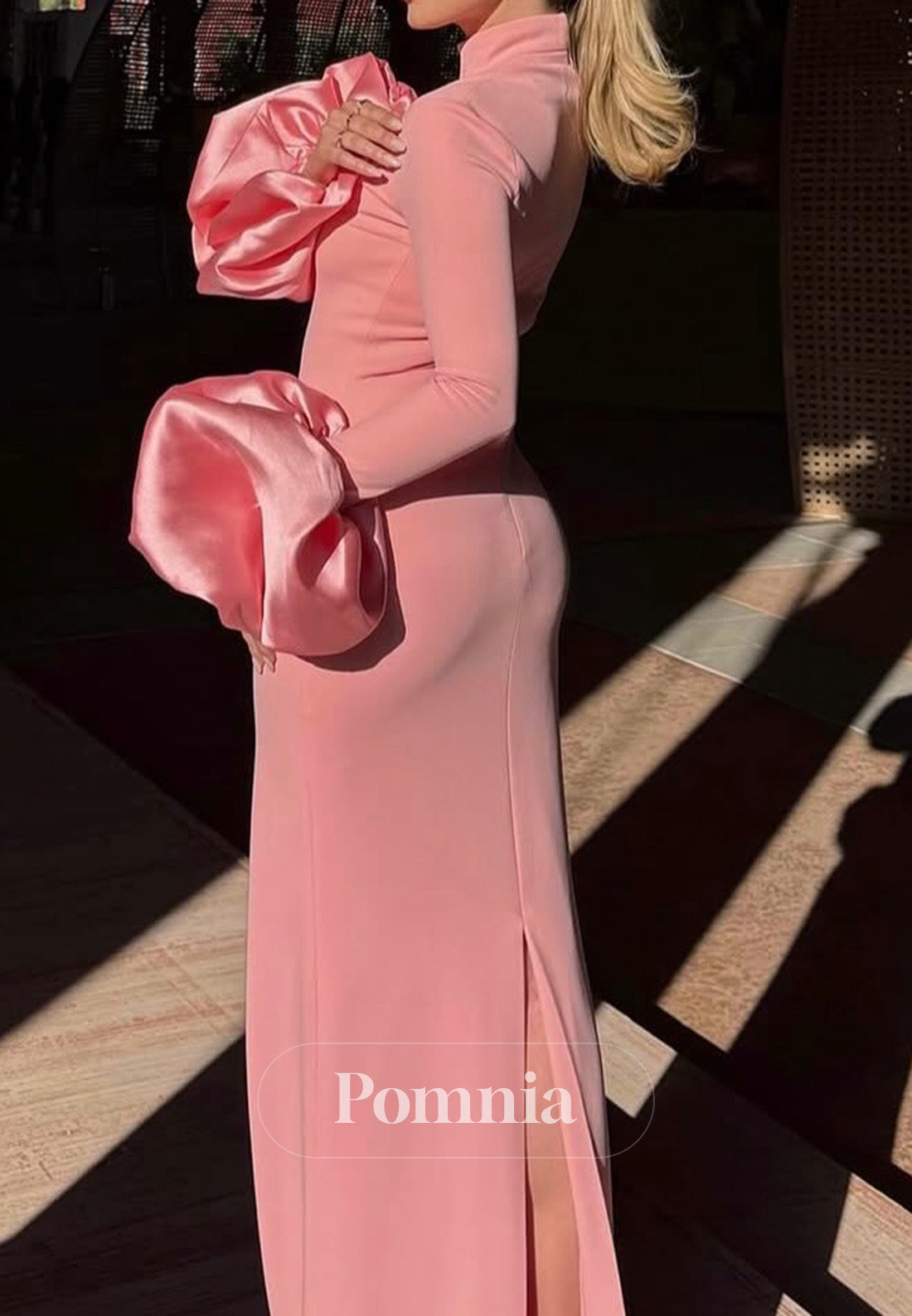Blushing Pink Long Sleeves High Neck A-Line Satin Evening Dress