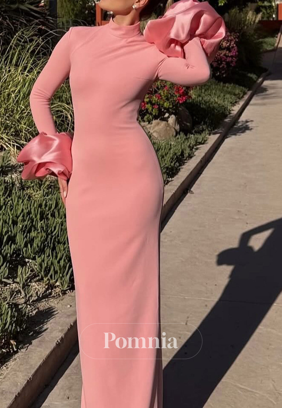 Blushing Pink Long Sleeves High Neck A-Line Satin Evening Dress