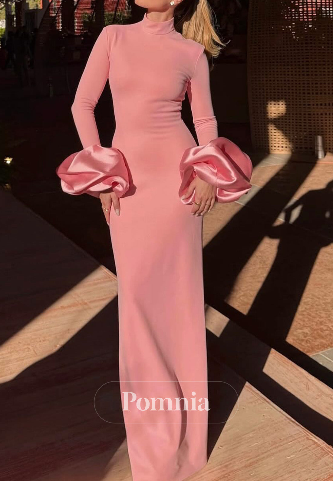 Blushing Pink Long Sleeves High Neck A-Line Satin Evening Dress