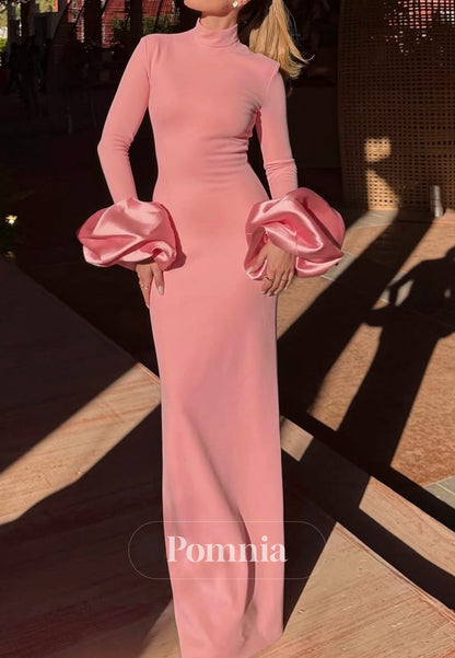 Blushing Pink Long Sleeves High Neck A-Line Satin Evening Dress